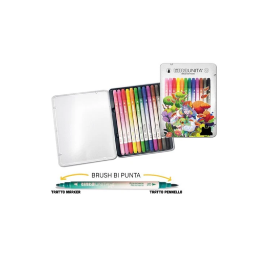 Pennarelli Brush Bi-Punta TintaUnita Art - Scatola in Metallo da 12 Colori