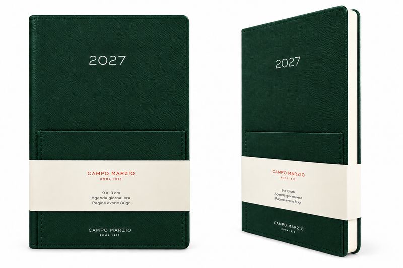 Agenda giornaliera 2027 con tasca frontale 9 × 13 cm – verde pino