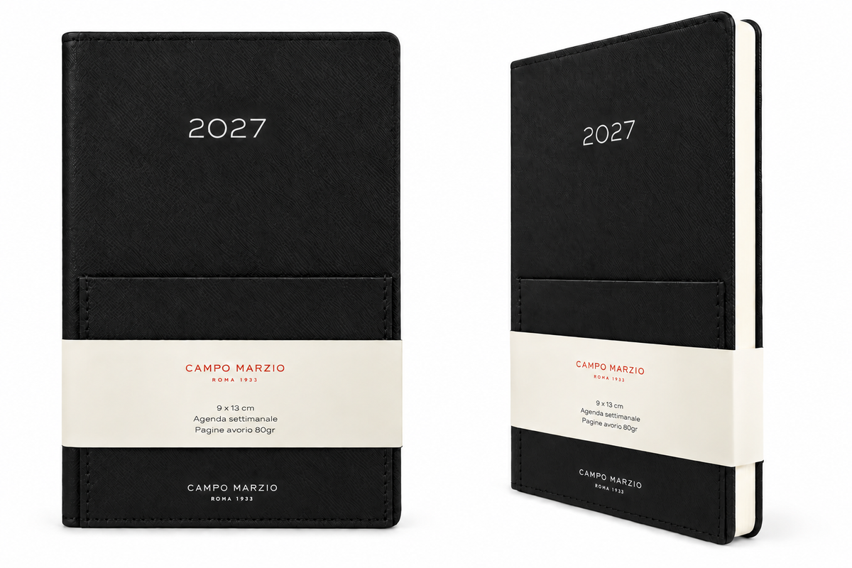 Agenda settimanale 2027 con tasca frontale 9 × 13 cm – nero