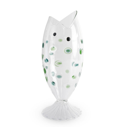 Brocca in vetro a forma di pesce decoro macchie verdi