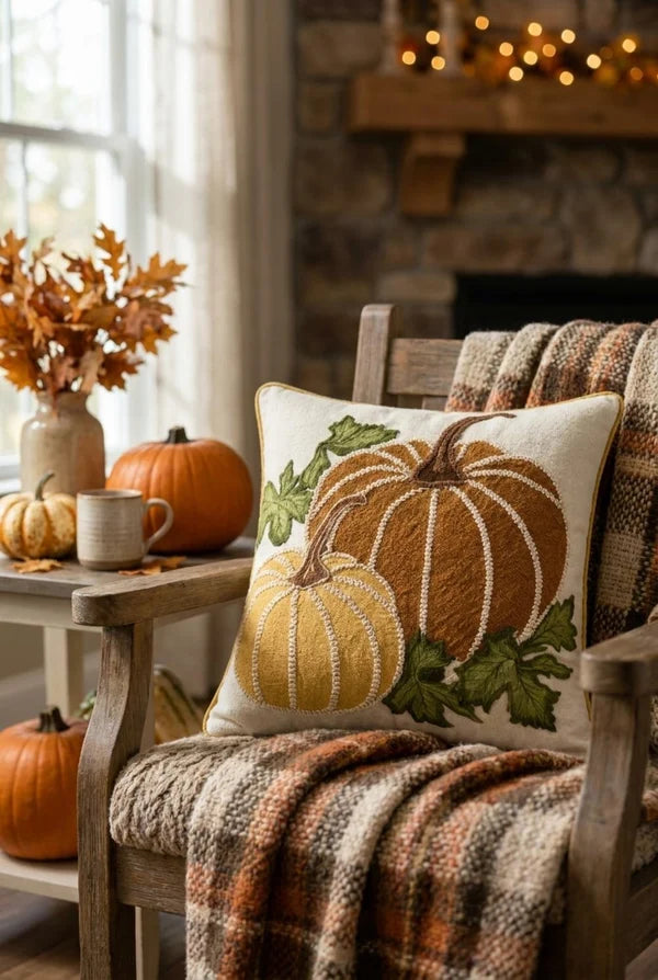 Cuscino autunnale in cotone con ricamate zucche 45X45