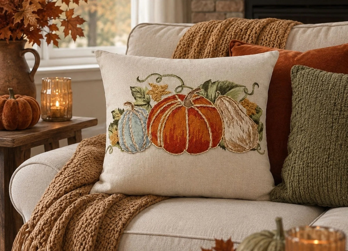 Cuscino autunnale in cotone con ricami  45X45