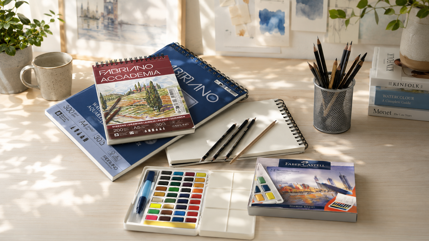 Scrivania con carta Fabriano e colori Faber Castelli