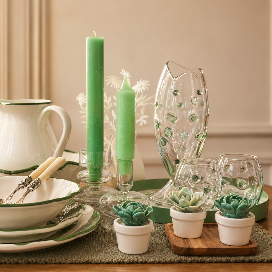 Tavola preparata con servizio piatti e bicchieri e candele verde