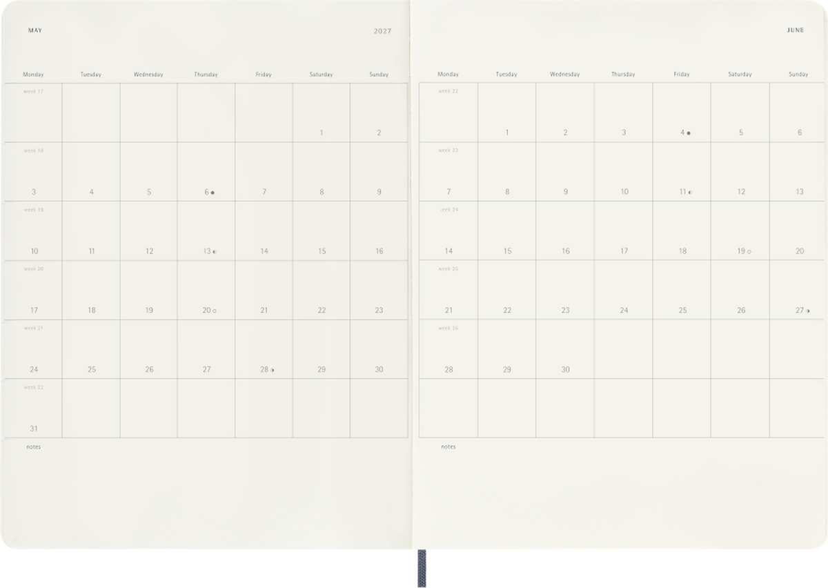 Agenda Moleskine 2027 Settimanale con Note XL Blu Zaffiro Copertina Morbida