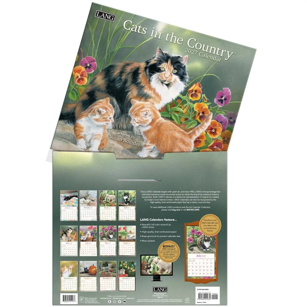 Calendario da Parete LANG "Cats in the Country" 2027 – Illustrazioni di Susan Bourdet