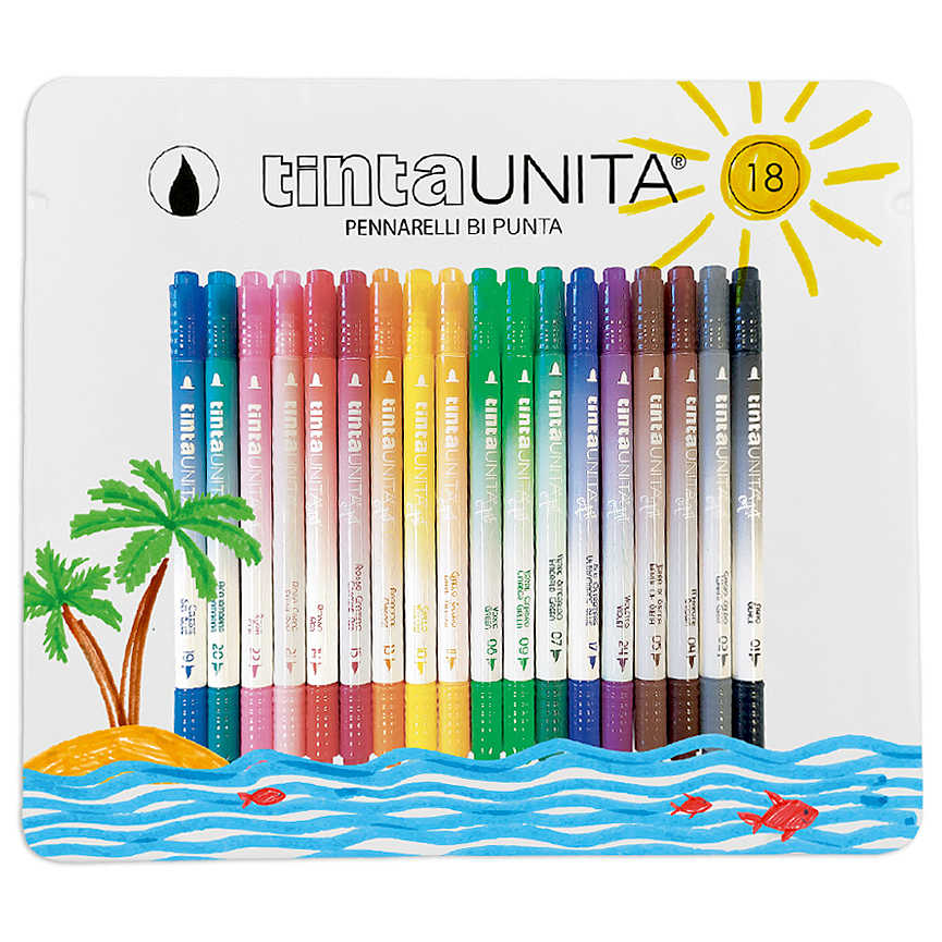 Pennarelli Brush Bi-Punta TintaUnita Art - Scatola in Metallo da 18 Pezzi