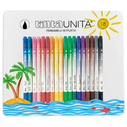 Pennarelli Brush Bi-Punta TintaUnita Art - Scatola in Metallo da 18 Pezzi